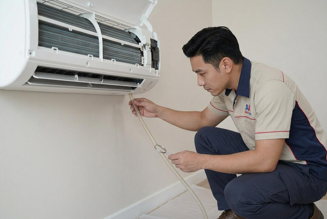 Technician checking clogged water drain hose